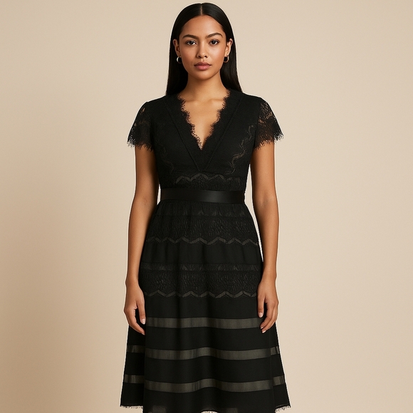 JS Collections Black Lace V-Neck Fit & Flare Dress - Size 4 - Picture 1 of 6